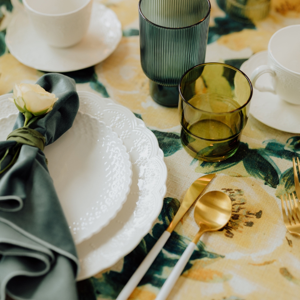 A view of a table set with Ophelia Lemon Linen