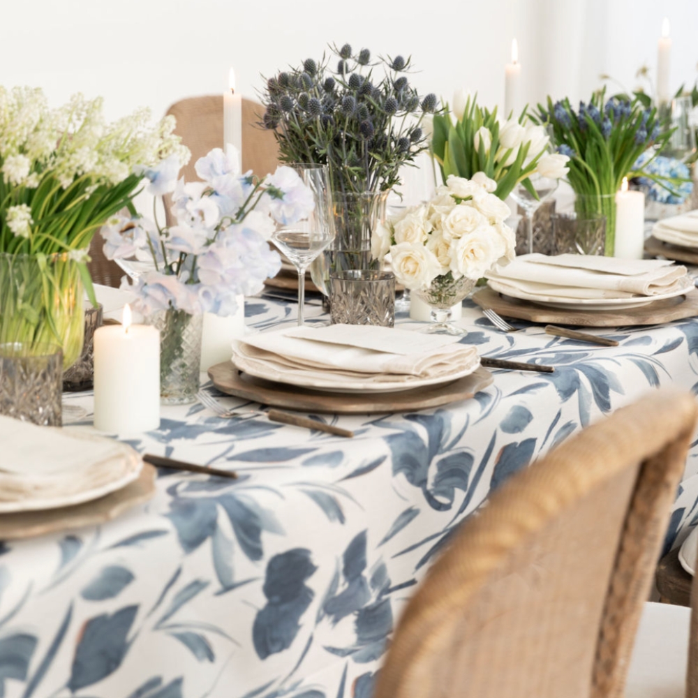 Livia Sapphire Tablecloth with rich Indigo Floral Pattern.