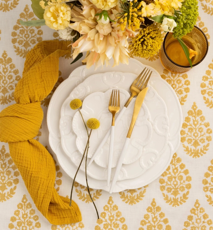 Maisie Sunshine Table Linen with Vintage Floral Gold Print.