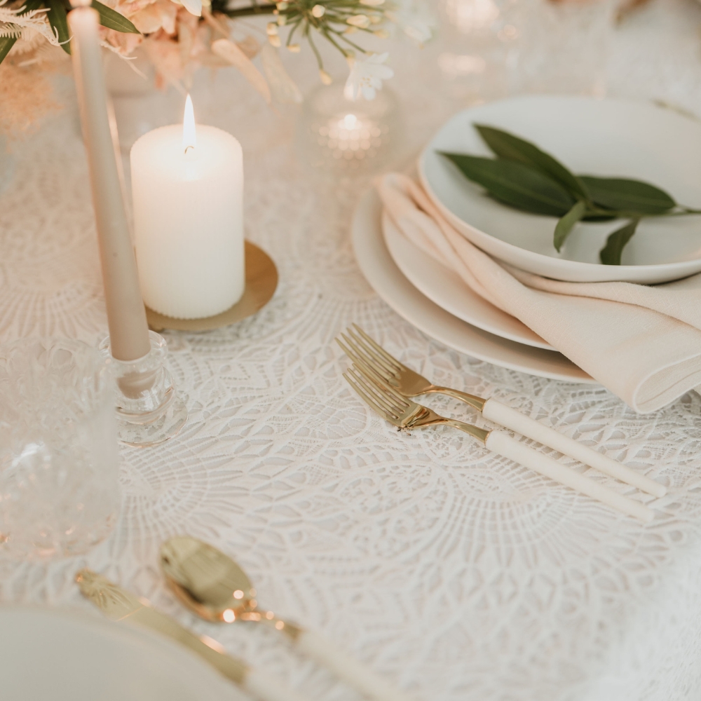 Sophia Lace Vintage Linen and Velvet Pearl Napkin add a touch of grace and refinement to the table design.