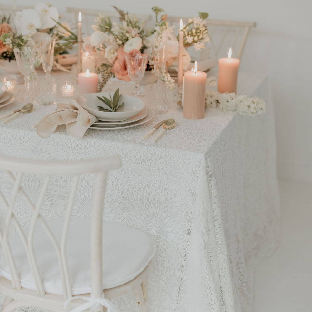 Sophia Lace Vintage Table Linen and Velvet Pearl Napkins add a touch of classic charm to the table design.