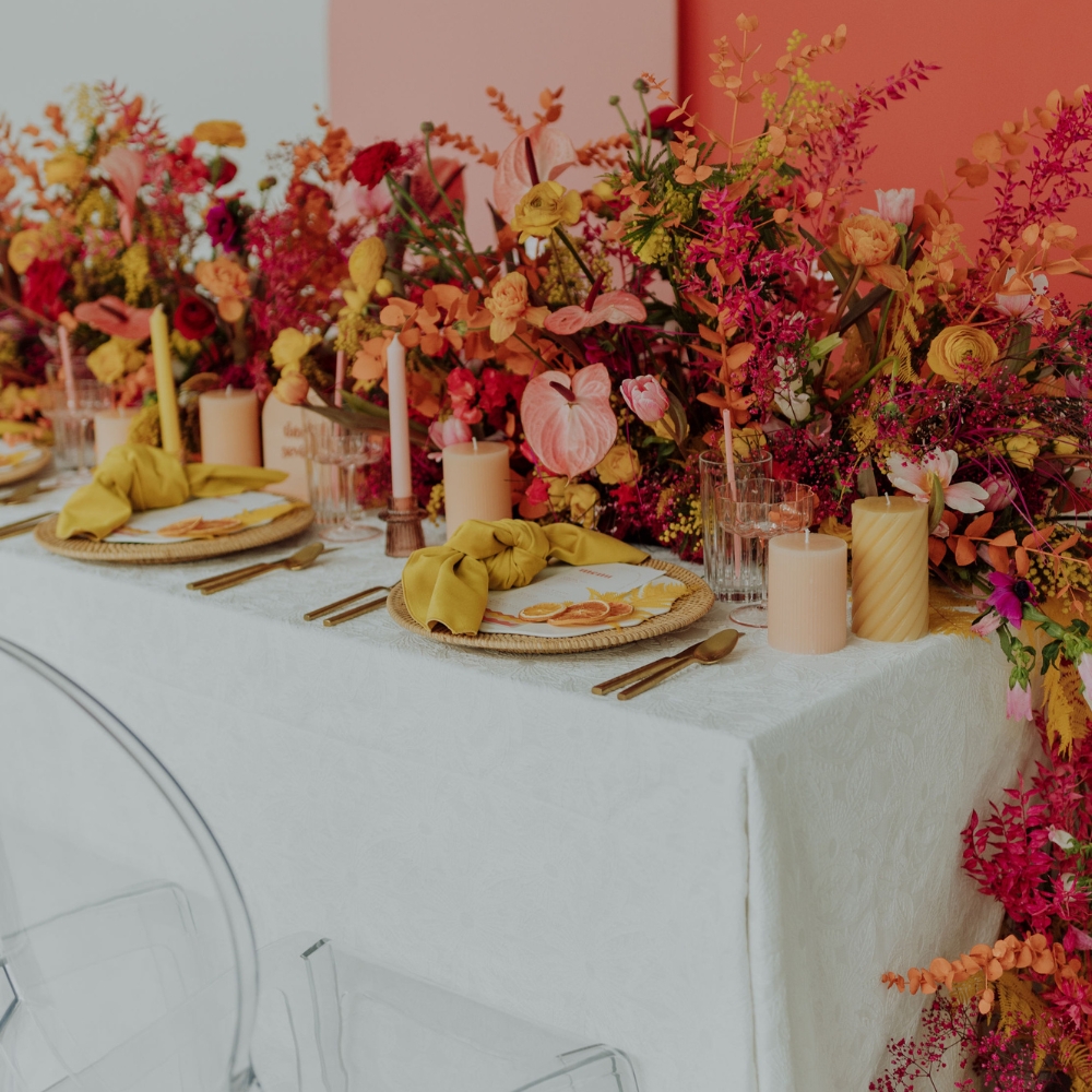 Boho table setting: Gracie Pearl White Tablecloth and Velvet Marigold Dinner Napkins