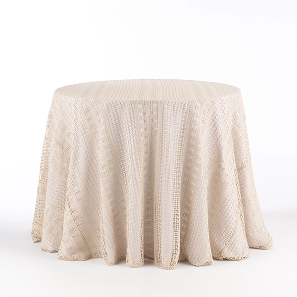 Bohemian Sand Crochet Tablecloth, full table, adds a balanced neutral look to a table design.