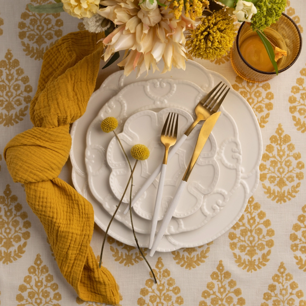 Callie Honey Napkin pairs seamlessly with Maisie Sunshine Linen with Vintage Floral Gold Print.
