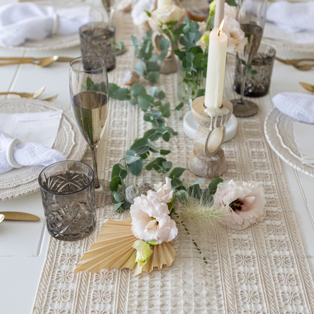 Bohemian Sand Crochet Table Runner adds a cozy neutral look to the table design.