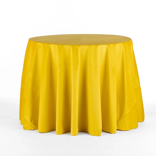 Velvet Marigold Full Table Linen. Its vibrant yellow will add a golden glow to the table design.