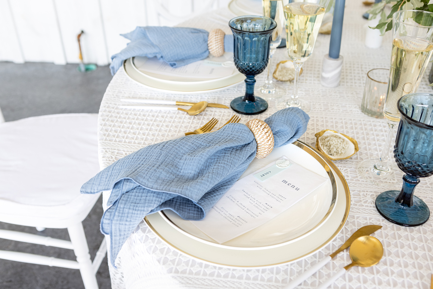 A View of a table with coastal linen