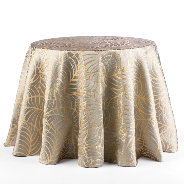 A view of Amazon Gold Leaf silver tablecloth rental in full size