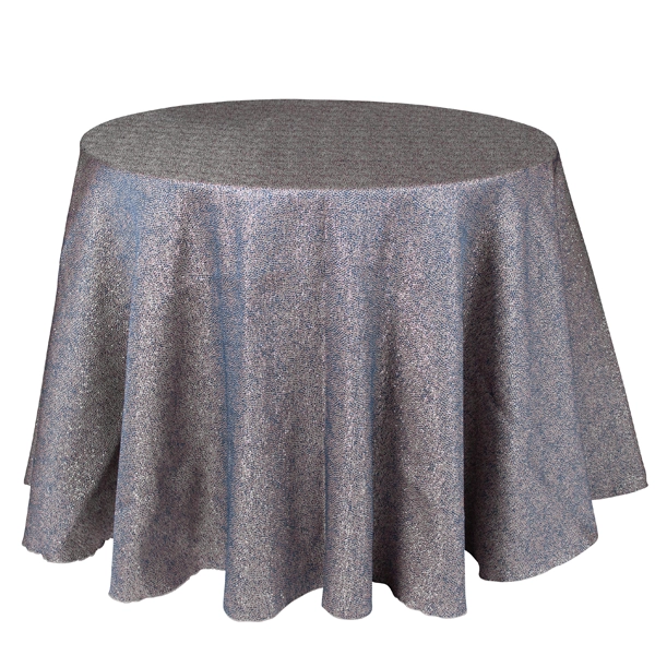 A full table view of the Electric Mist Blue Metallic Twilight tablecloth rental
