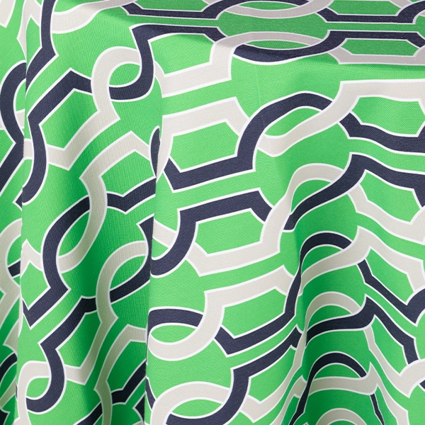 An event linen rental, a Dixie Fern Green patterned tablecloth.