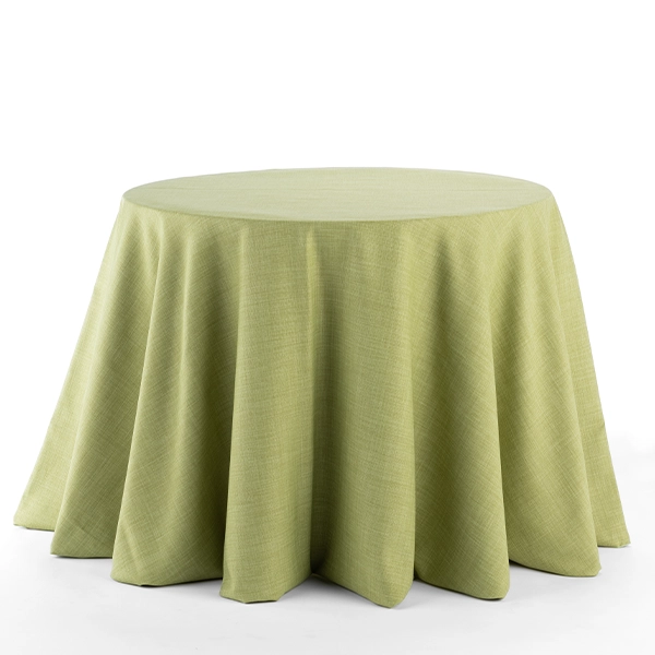 A Nola Spring Green tablecloth on a white background available for event linen rental or table linen rental.