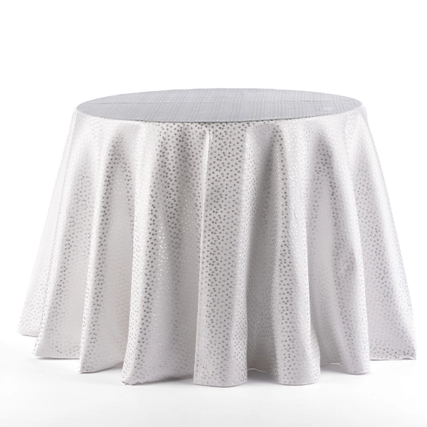 A view on the Odyssey silver dotted tablecloth rental in full size