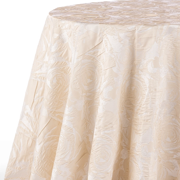 A view from the left on Rosie Champagne beige table linen rental