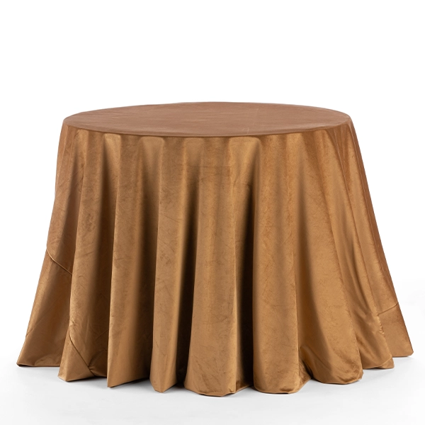 A round brown Velvet Rust table linen rental.