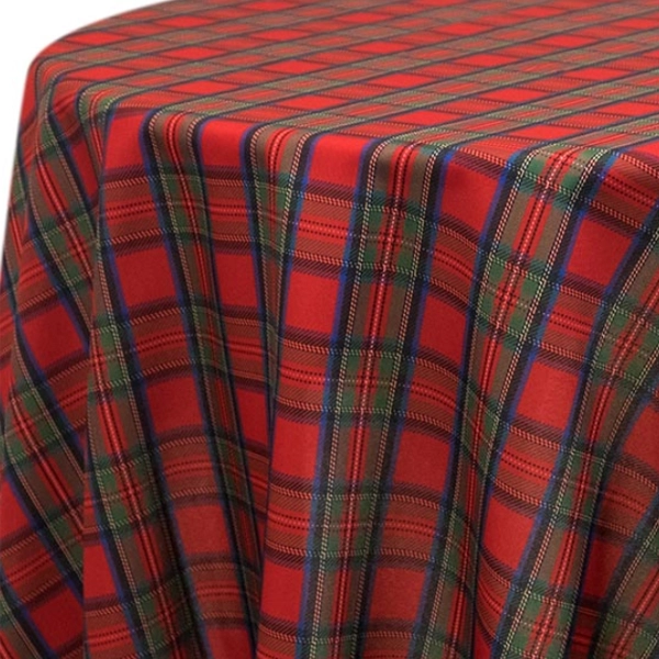 A Tartan Plaid Holly Berry linen rental with a red and blue plaid design.