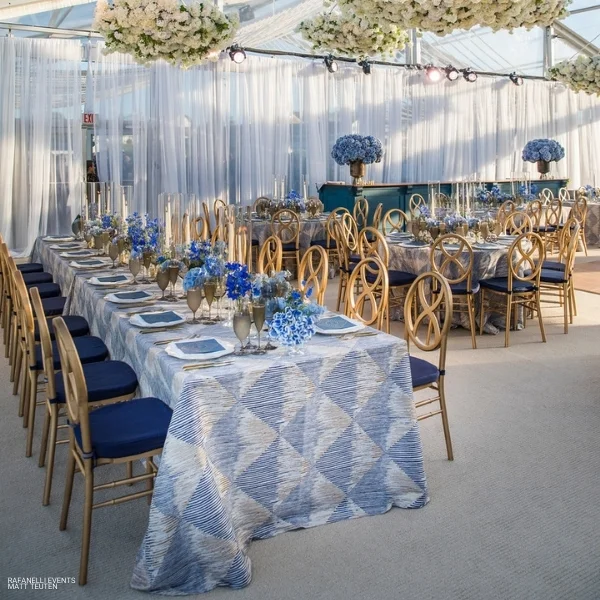 A table set with Barcode Navy linens for an elegant party.