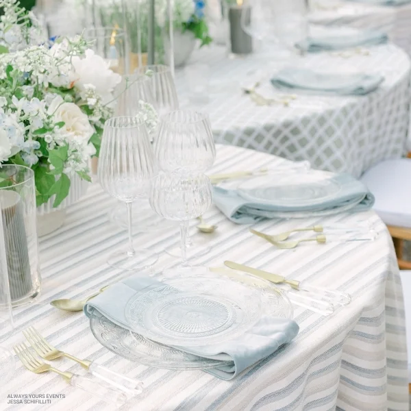 A table set up with plates, glasses, and Velvet Ocean Napkins for an elegant event.