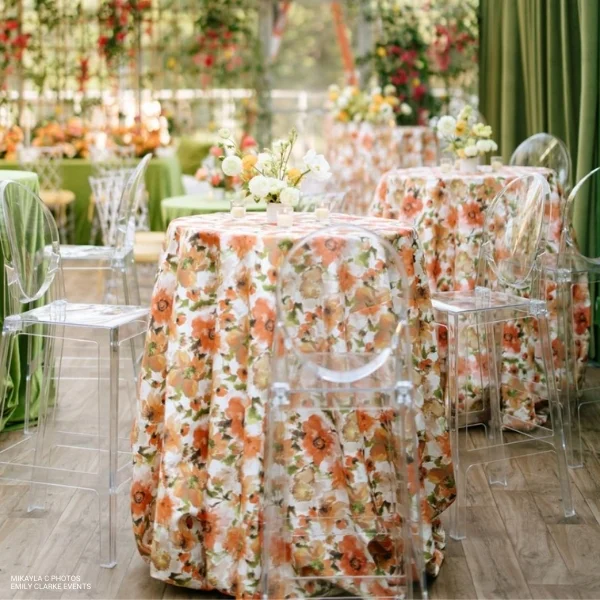 An event linen rental with Layla Floral tablecloths.