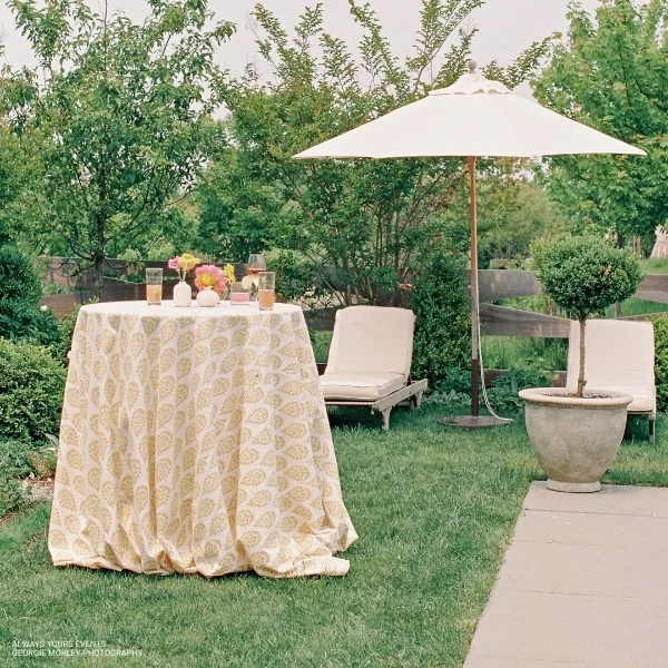 An outdoor gathering area with a table, chairs, and the Maisie Sunshine.