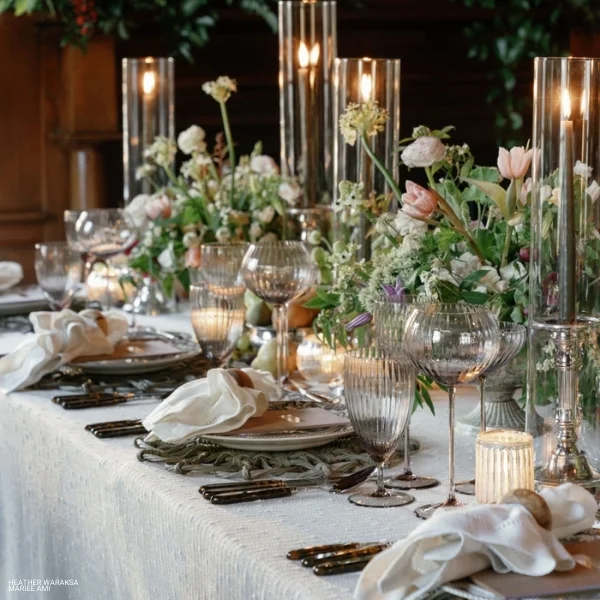 A beautifully decorated table featuring elegant candles and Riga Sand flowers.
