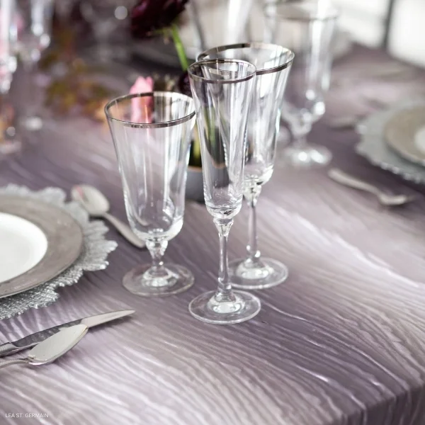 A River Lavender with River Lavender linen and event linen rental, silverware and glasses.