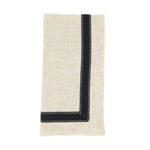 Monaco Woodrose linen towel with a black border and dotted line design.