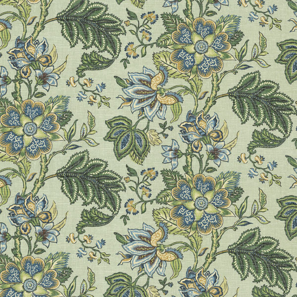 Zara Sapphire fabric pattern with blue and green hues on a textured background.