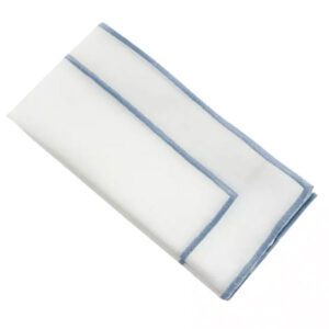 Monaco Woodrose cloth napkin with blue trim on a white background.