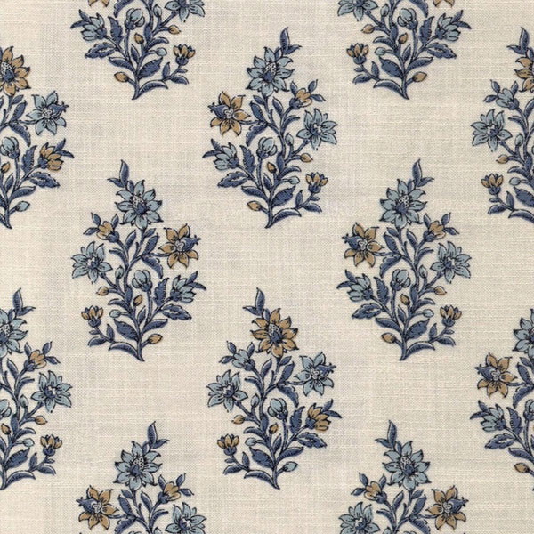 Zara Sapphire fabric with blue and tan flowers on a neutral background.