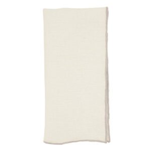 Plain white towel with a textured design and taupe stitching detailing.