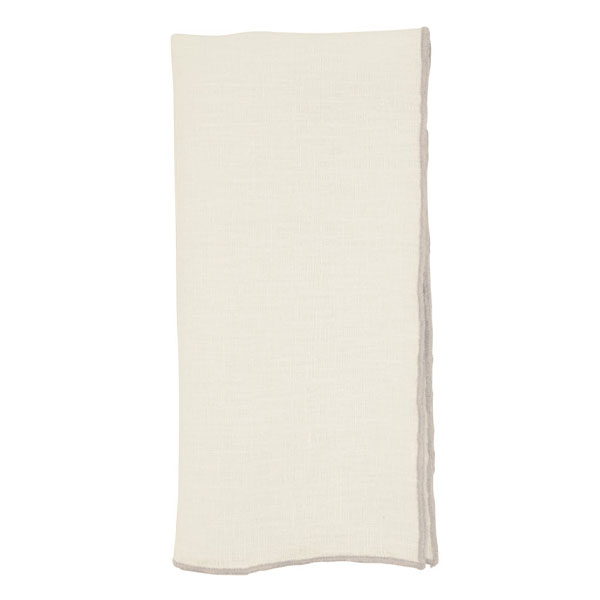 Plain white towel with a textured design and taupe stitching detailing.
