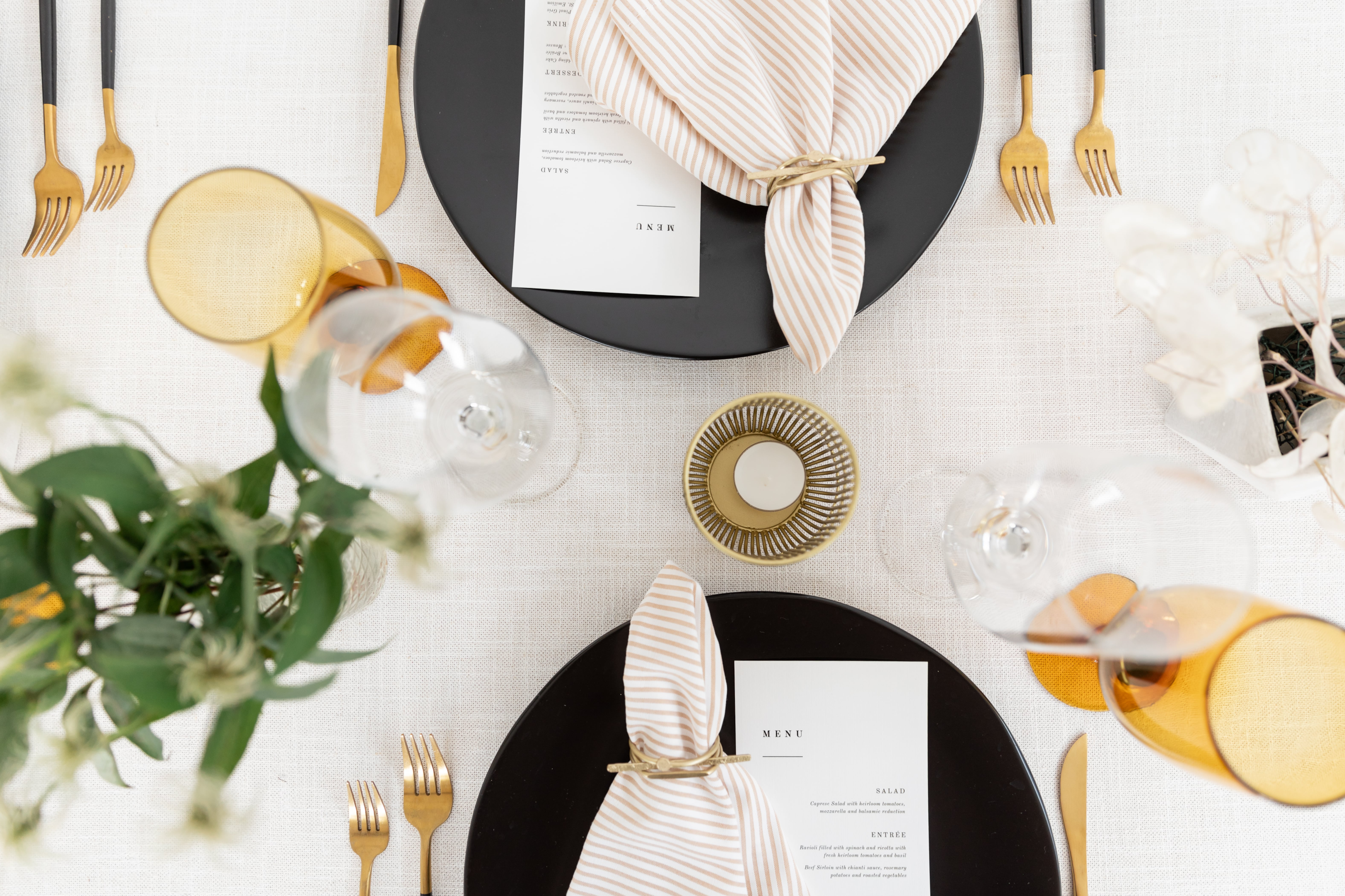 Elegant linen napkins on a beautifully set dining table