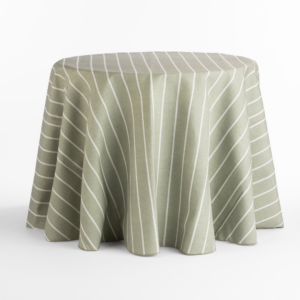 Madeline Aloe round table covered with a green and white striped tablecloth, draping to the floor, set against a plain white background.