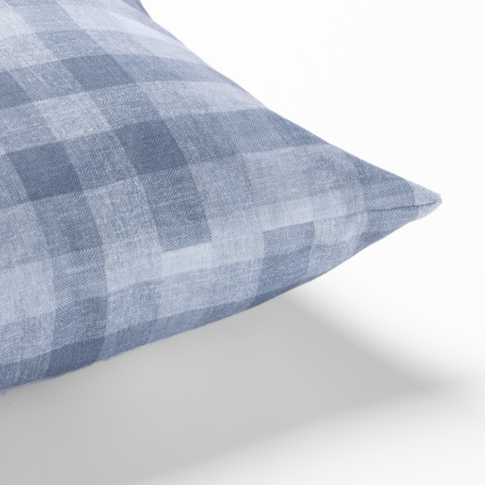 Close-up of the Checkered Plaid Harbor Pillow in blue plaid against a white background.